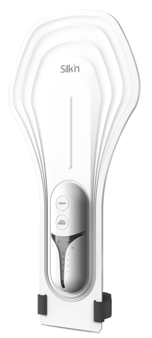 Een slanke, witte appliance met een gebogen bovenkant, twee knoppen en een lange verticale opening eronder.