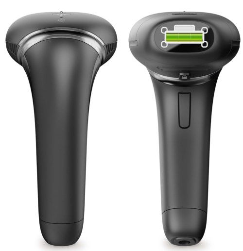 Zwei Barcode-Scanner werden gezeigt, einer von vorne und einer von hinten, mit einer grünen Batteriestandanzeige auf der Rückseite.