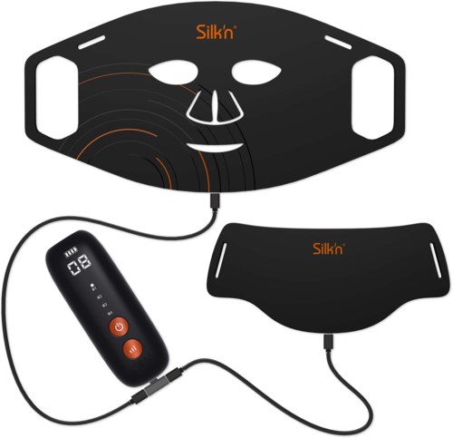 Een zwart gezichtsmasker met sensoren, verbonden met een bedieningsapparaat, voor skincare of gezichtsbehandeling.