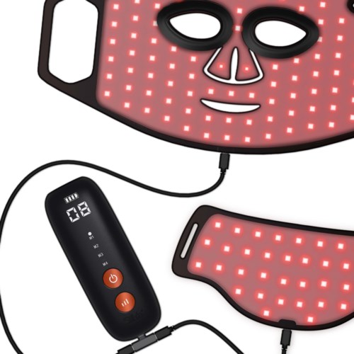 Een huidverzorgingsapparaat met rode LED-lichten, verbonden met een bedieningsunit, bedoeld voor huidverzorging.