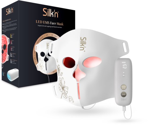 Eine weiße LED EMS-Gesichtsmaske mit pinken und roten Flächen, Steuergerät und Verpackung mit Totenkopfdesign.