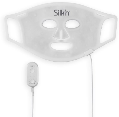 Eine Silikon-Gesichtsmaske mit Ausschnitten für Augen, Nase und Mund, verbunden mit einer Fernbedienung.