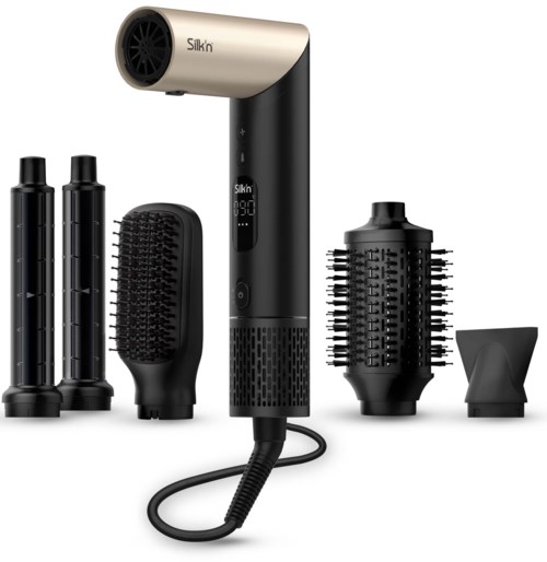 A cordless hair styling tool with multiple attachments, including brushes, concentrator, and diffuser for various hair styles.