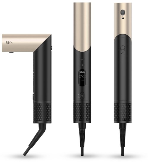 Three different hair dryers, each with a sleek black and gold design, showing various angles and features.