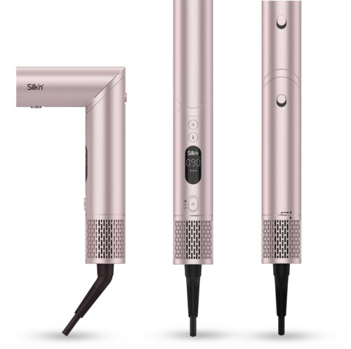 Three rose gold hair dryers with digital controls and black cords, positioned side by side.