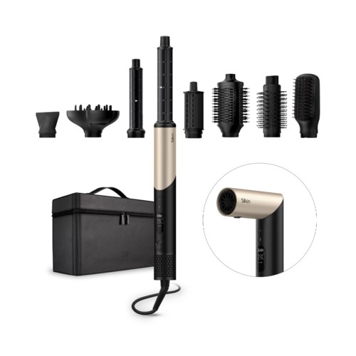 A styling set with multiple attachable hair brushes, a dark carry case, and a hair straightener. The straightener has a digital display.