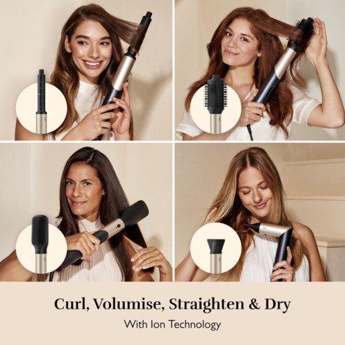 Four women use different hair styling tools: curling iron, hair dryer, straightener, and brush to style hair.