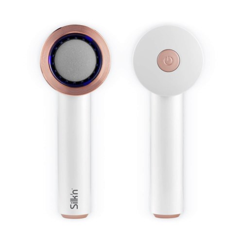 Två handhållna enheter med vita handtag, en med en rund, rosa strömbrytare och en cirkulär ventil eller högtalare. Den andra har en cirkulär kant med metallisk rosa finish.