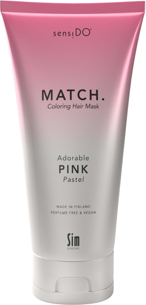 Eine rosa-weiße Tube mit Haarfärbemaske, beschriftet 'MATCH. Adorable PINK Pastel,' hergestellt in Finnland, vegan und parfumfrei.