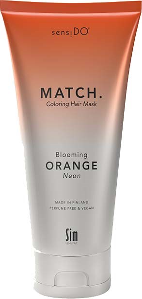 Eine Tube mit farbiger Haarmaske mit orange-weißem Design, beschriftet "MATCH" und "Blooming ORANGE Neon".