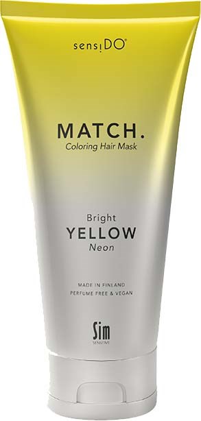 Hellgelbe Tube mit schwarzen und weißen Text, sagt, es ist eine Coloring Hair Mask für Neon Gelb Look.
