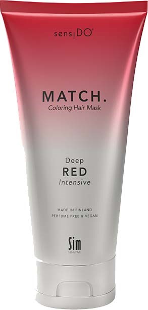 Eine Tube mit Haarfärbemaske, oben rot, verblassend zu Weiß, beschriftet mit "MATCH." und "Deep RED."