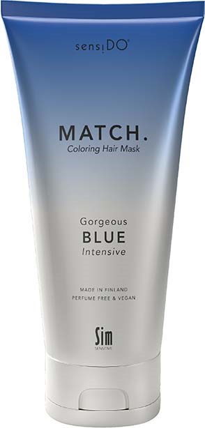 En tub för schampo eller hårmaske i blått och vitt, märkt 'MATCH', 'Gorgeous BLUE' och 'Sens.DO'.