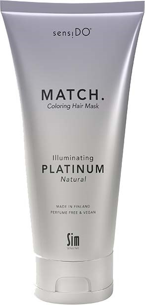 En silverrör med hårmask märkt "MATCH. Coloring Hair Mask," med information om egenskaper och ursprung.