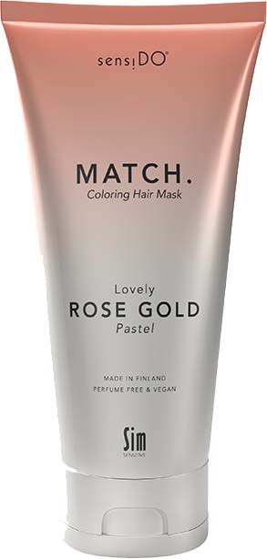 Eine Tube mit Haarfärbemaske mit rosa-weißlichem Farbverlauf, beschriftet 'MATCH', 'Rose Gold' und 'Sensido'.
