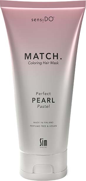 Eine pink-weiße Tube mit der Aufschrift 'MATCH' und 'Perfect PEARL Pastel'. Es ist eine farbende Haartmaske aus Finnland, parfumfrei.