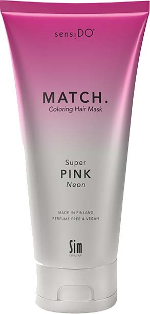 En rosa och vit tub med hårinpackning med svart text, märkt ‘MATCH. Coloring Hair Mask’ och ‘Super PINK Neon’.