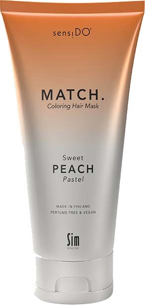 Eine Tube Haarkur mit 'MATCH'-Label, Pfirsichduft, in Finnland hergestellt, parfumfrei, vegan.