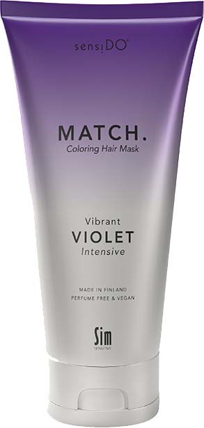 Violette Haarkur in violett-weiß Tube, in Finnland hergestellt, für Farb- und Intensivpflege, vegan und parfumfrei.