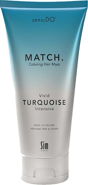 Eine Tube Haarfärbe-Maske in Türkis und Weiß, beschriftet 'MATCH. Vivid TURQUOISE,' hergestellt in Finnland.
