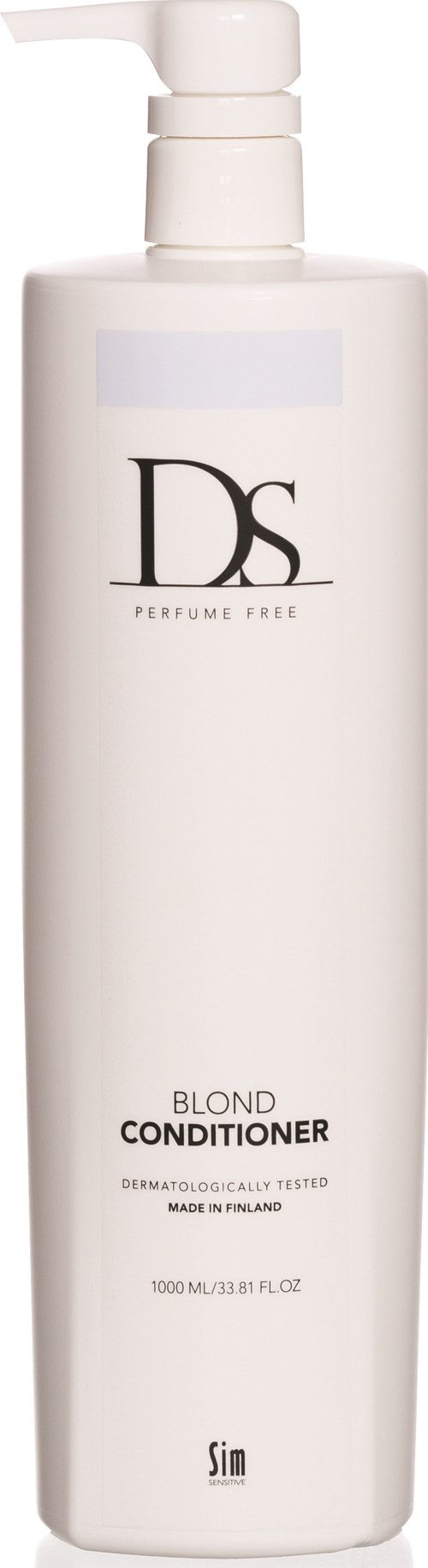 Witte fles met DS Blonde Conditioner met pomp, parfumvrij, gemaakt in Finland, bevat 1000 ml.