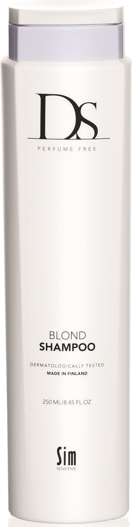 A white shampoo bottle labeled 'Ds Blonde Shampoo' with a purple cap, designed for blond hair care.