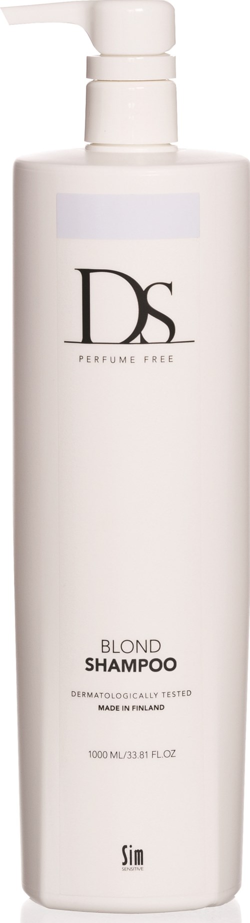 Een witte fles DS parfumvrije blond shampoo met pomp, met zwarte tekst, gemaakt in Finland.