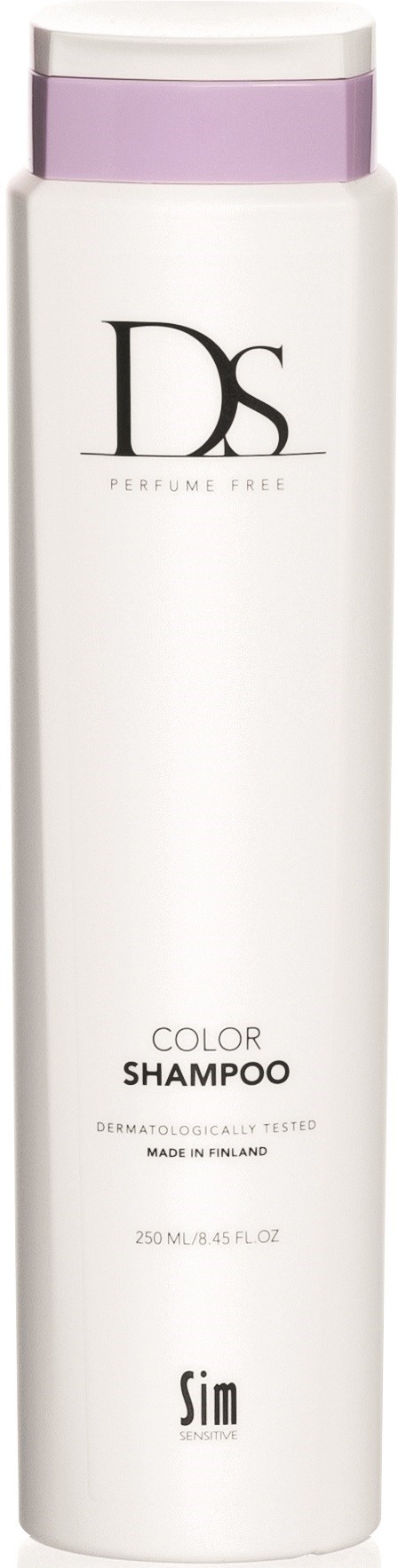 En lång vit flaska med lila lock, märkt som DS parfym hårfärgschampo, innehåller 250 ml.