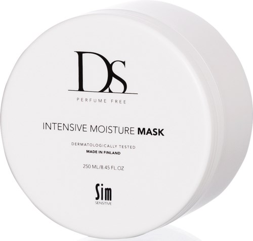 Witte ronde container met zwarte en grijze tekst voor een hydraterend masker. Gelabeld "Ds" en "Intensive Moisture Mask."