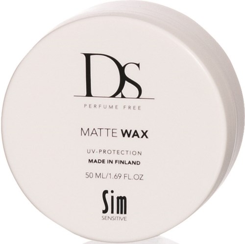 Ein weißer Behälter mit Ds Matte Wax, UV-Schutz, 50 ml, in Finnland hergestellt, für empfindliche Haut, parfumfrei.