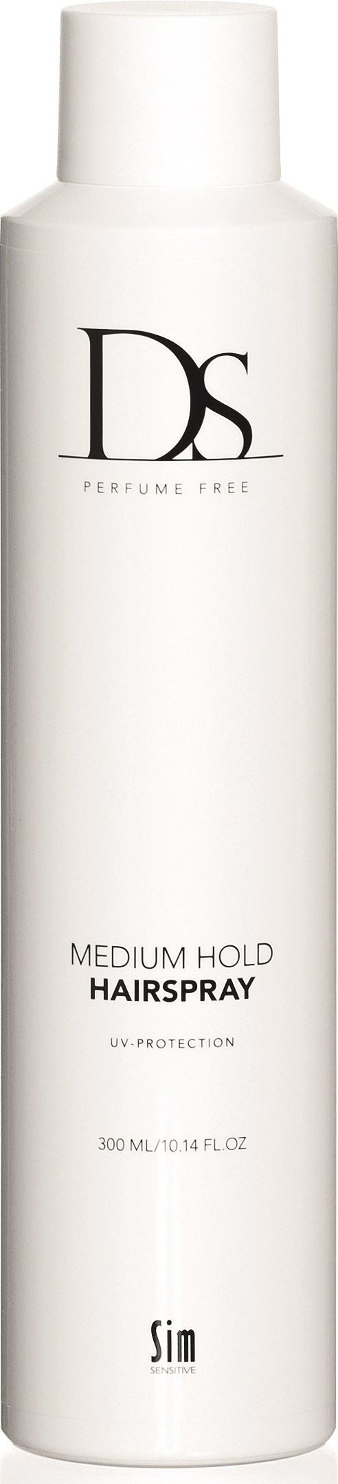 Een lange, witte haarlakbus met zwarte tekst en logo, gemarkeerd voor UV-bescherming.