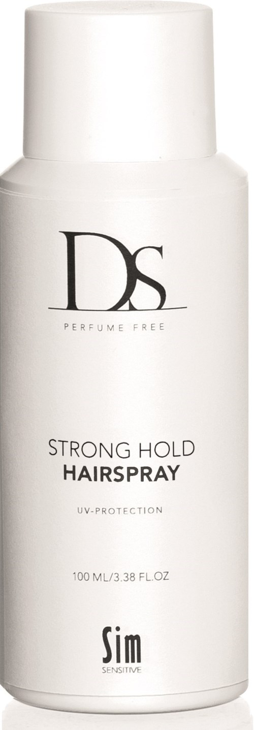 A white can of strong hold hairspray with 'DS' logo, mentions UV protection, size 100 ml, for sensitive hair.