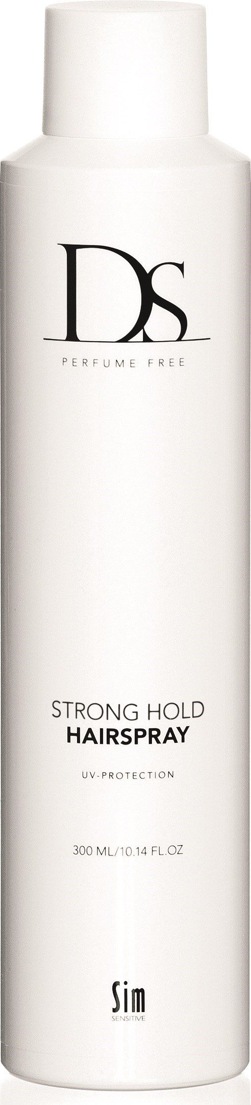 Een witte spuitbus met zwarte tekst, genaamd DS, voor sterke haarspray met bescherming.
