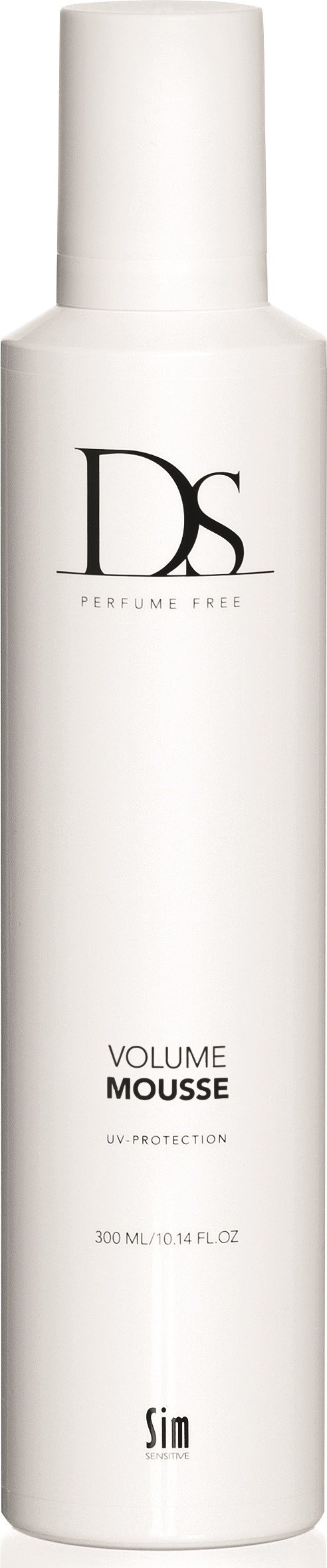 Vit flaska med 'Ds' på, märkt 'Volume Mousse' för hår, märket 'Sim,' elegant och enkel design.