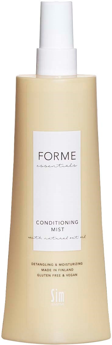 Kremfarget sprayflaske merket 'FORME conditioning mist' for hår. Inneholder fuktighetsgivende og prebiotiske ingredienser.