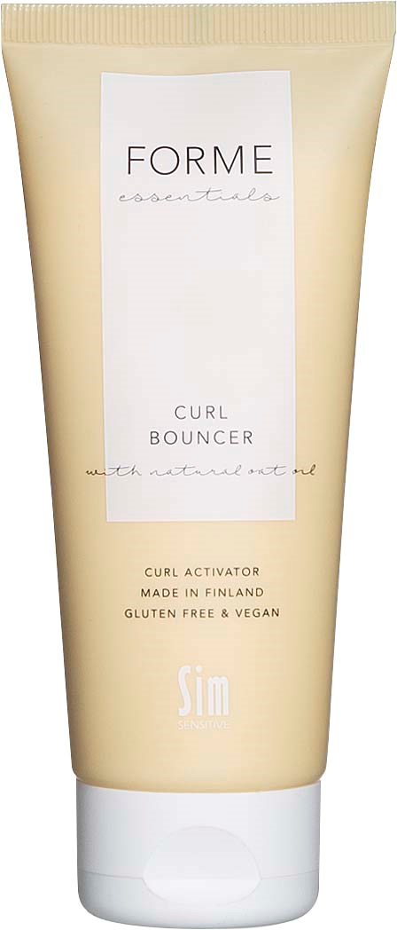 Beige putkilista curl bouncer -tuotteelle, jossa valkoinen etiketti, kertoo valmistusmaan Suomen, gluteeniton, vegaani ja sopii kiharoille.