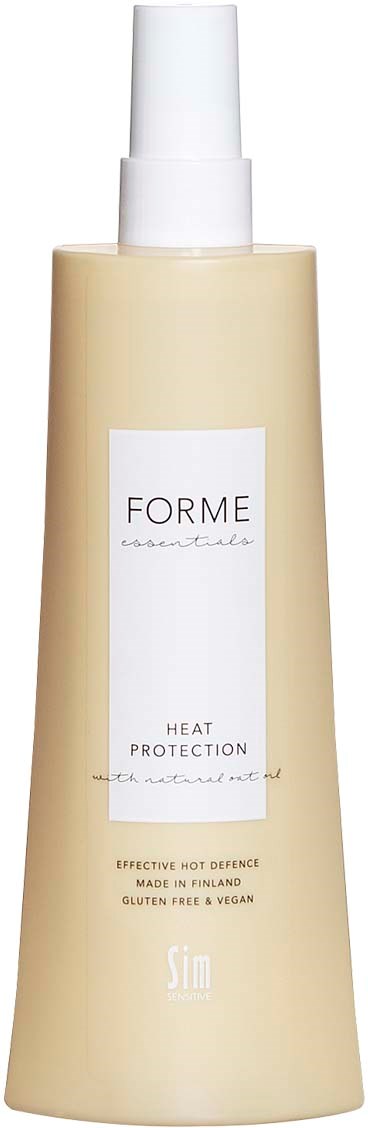 Een beige fles met een wit spraydopje, labeled FORME Heat Protection, vegan en glutenvrij.