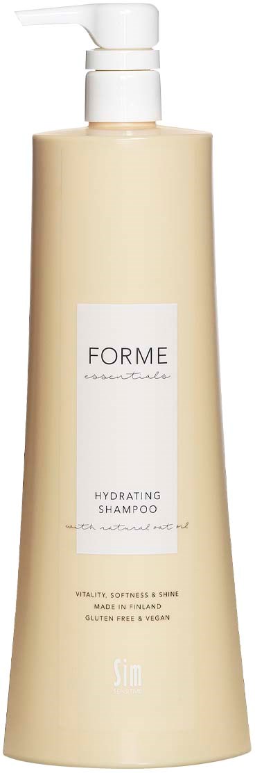Beige shampoopullo, jauhettava etiketti 'FORME' pehmeään hiustenhoitoon.