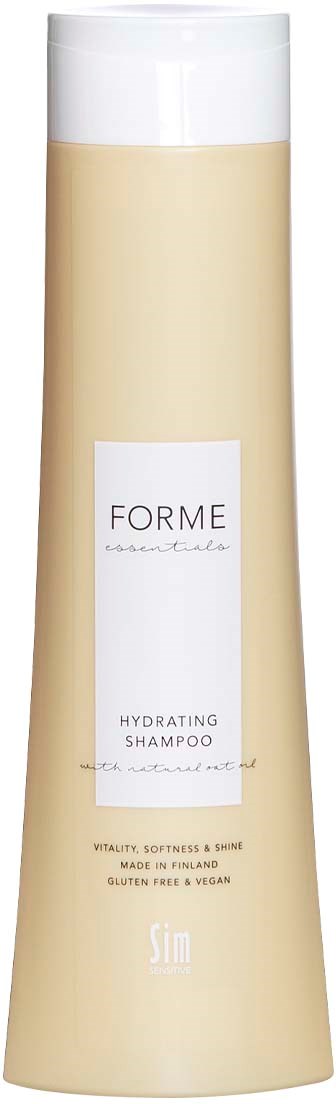 Pitkä, beige pullo, jossa on valkoinen kansi ja etiketti, nimeltään Hydrating Shampoo merkiltä FORME.