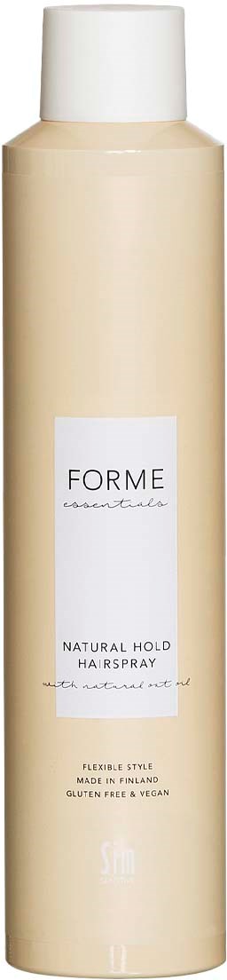 En høy, beige hårsprayflaske med hvit lokk og enkel etikett som sier "FORME" og "Natural Hold."
