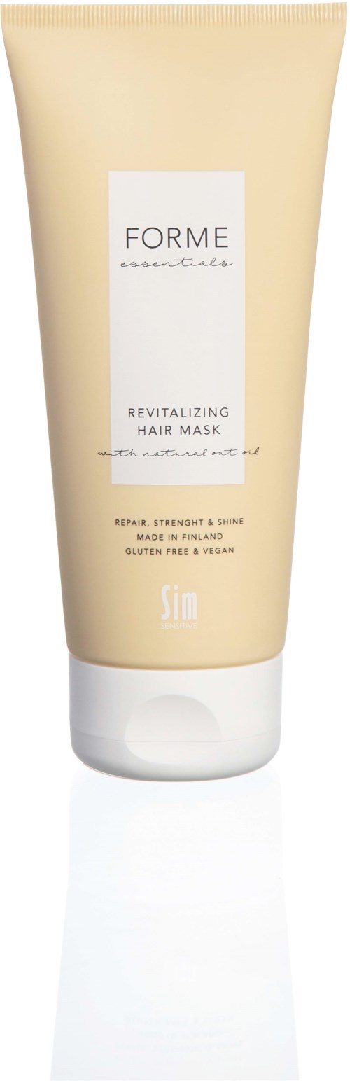 A beige tube labeled 'Forme Revitalizing Hair Mask' for repair and strengthening hair. Made in Finland, gluten free, vegan.