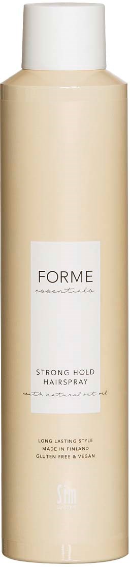 Eine lange, beige Sprühflasche mit weißem Deckel, beschriftet 'FORME essential' für Haarspray.
