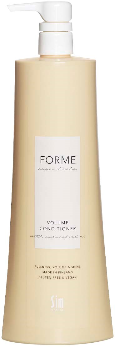 A beige bottle with a white pump holds volume conditioner for hair. It is labeled 'FORME' and 'Silk' and is made in Finland.