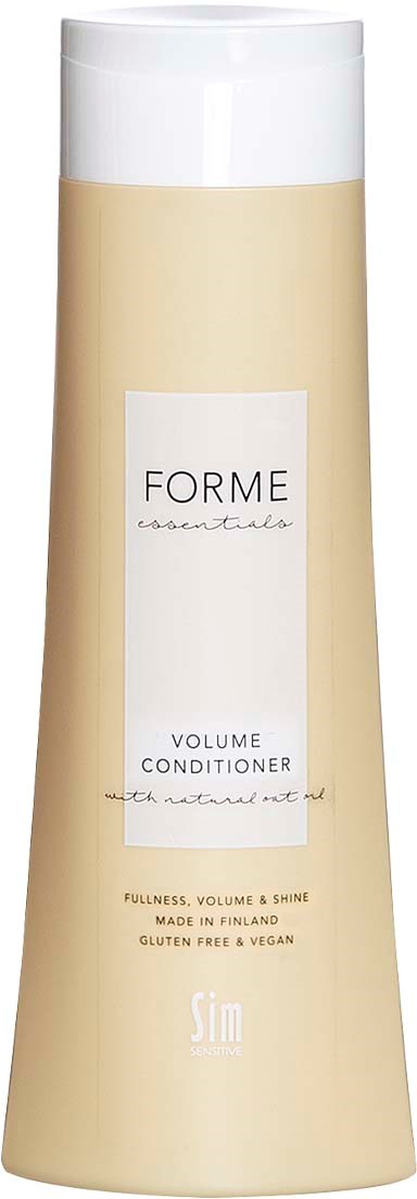 A beige bottle with a white cap and label, advertising volume conditioner, made in Finland, gluten-free and vegan.