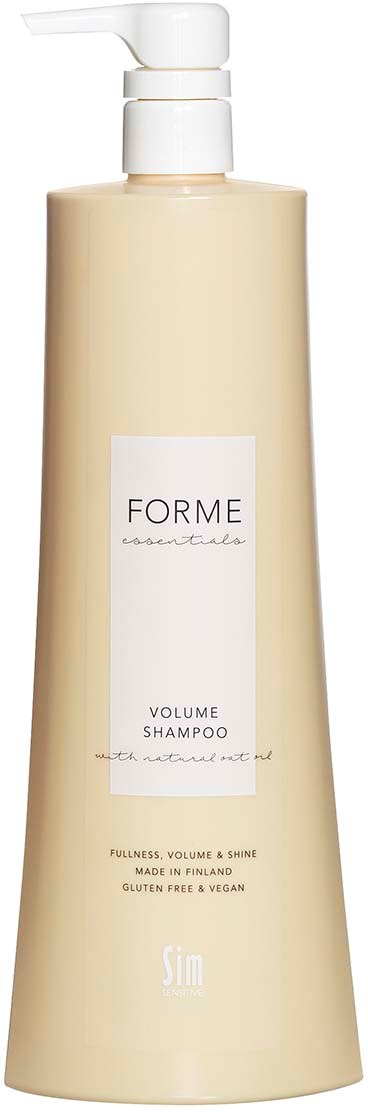 A beige shampoo bottle with a white pump and label that says 'Forme' and 'Volume Shampoo.'