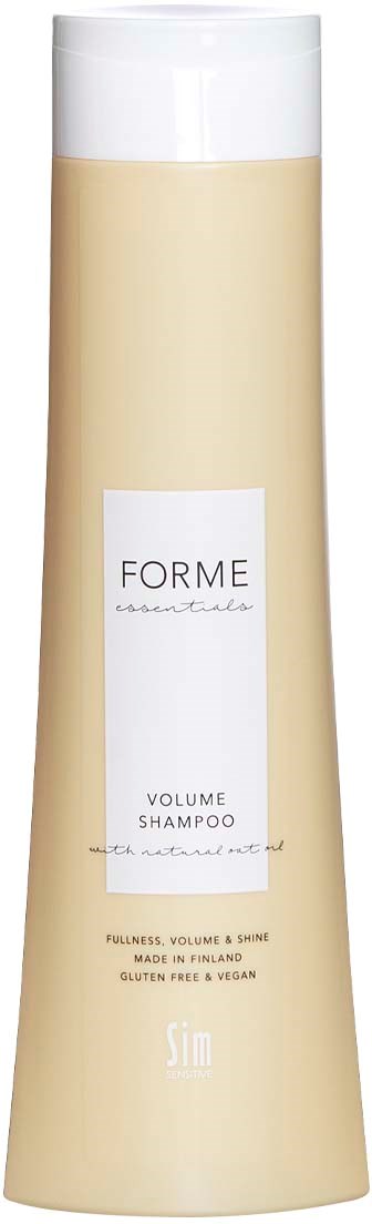 A tall, beige bottle with a white cap, labeled 'FORME' and 'VOLUME SHAMPOO' for hair.