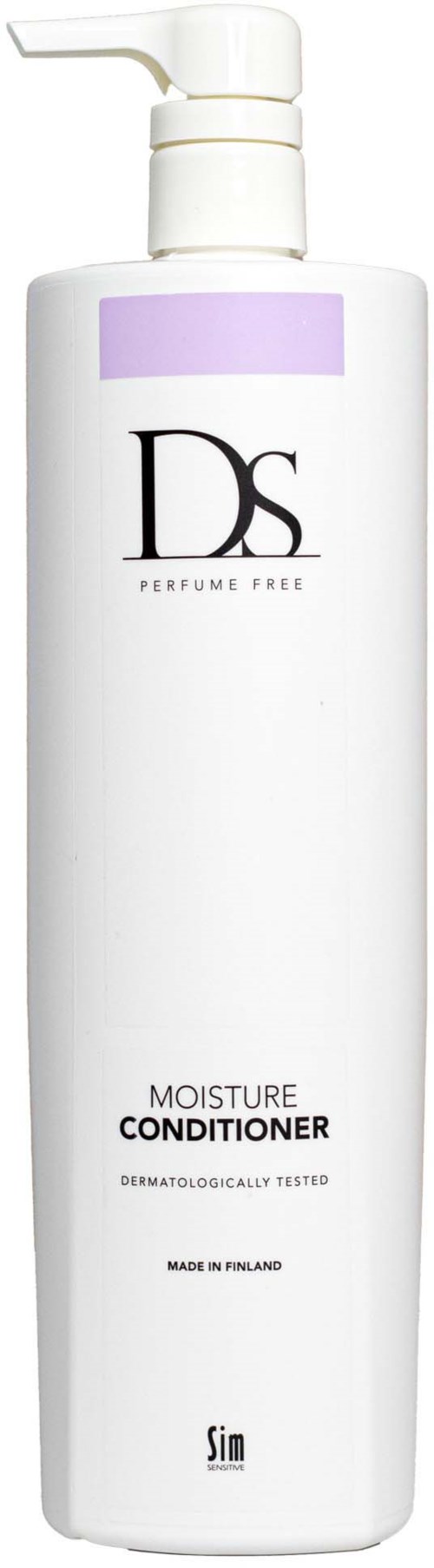 Eine lange weiße Flasche mit Pumpenspender, als Feuchtigkeitsconditioner gekennzeichnet, parfumfrei, hergestellt in Finnland.