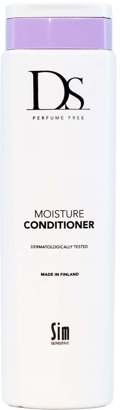 A tall white bottle with a purple cap, labeled as moisture conditioner for sensitive skin, made in Finland.