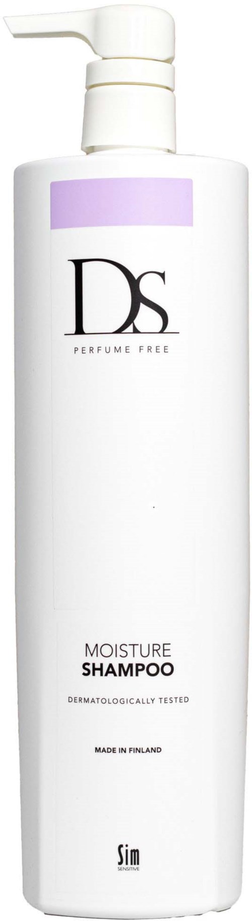 Eine weiße Flasche mit lila Verschluss, beschriftet DS Moisture Shampoo, parfumfrei, hergestellt in Finnland.