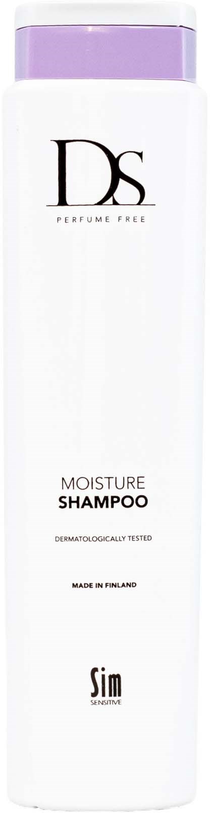 Eine weiße Shampoo-Flasche mit lila Deckel, beschriftet als DS parfumfrei Feuchtigkeits-Shampoo, hergestellt in Finnland.